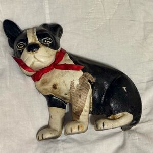 Vintage Cast Iron Boston Terrier Dog Door Stop w/Ribbon 7 1/2" Tall